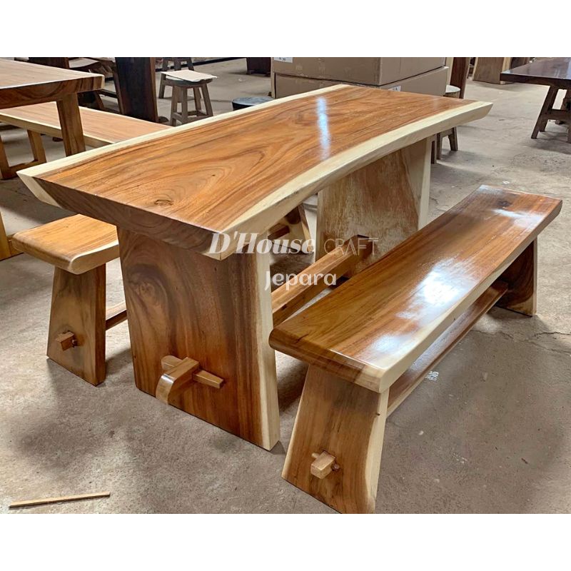 Meja Makan Kayu Trembesi 1 Meja 2 Bangku Panjang 180cm
