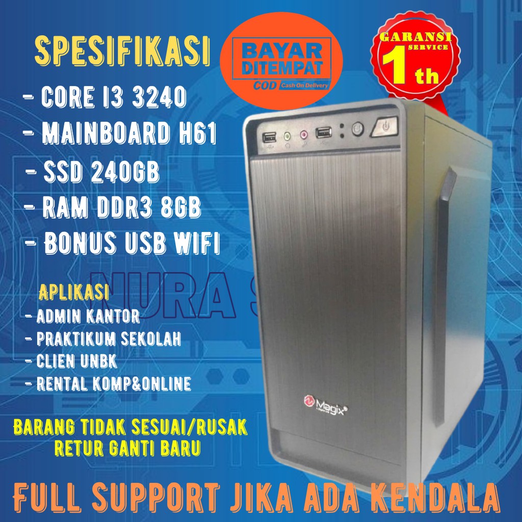 KOMPUTER PC RAKITAN MURAH GARANSI CORE I3 3240 MAINBOARD H61 RAM DDR3 8GB SSD 240GB