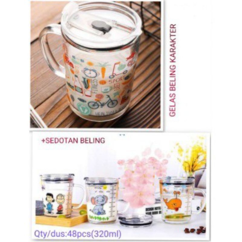 Gelas Susu Kaca dengan Sedaotan Transparan Karakter Unik Lucu 320ml