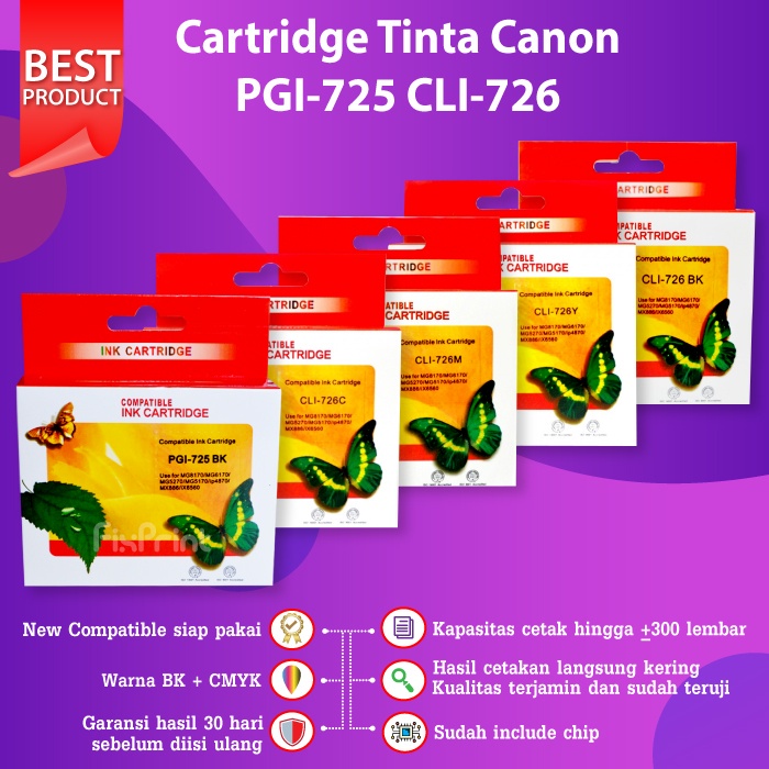 Cartridge Tinta PGI 725 PGI725 CLI 726 CLI726 Black Cyan Magenta Yellow For Printer IX6560 IP4970 IP4870 MG8270 MG8170 MG6270 MG6170 MG5370 MG5270 MG5170 MX897 MX886