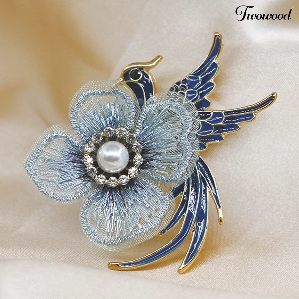 Twowood Embroidery Flower Lapel Pin Enamel Bird Alloy Faux Pearl Rhinestone Brooch Pin Costume Accessories