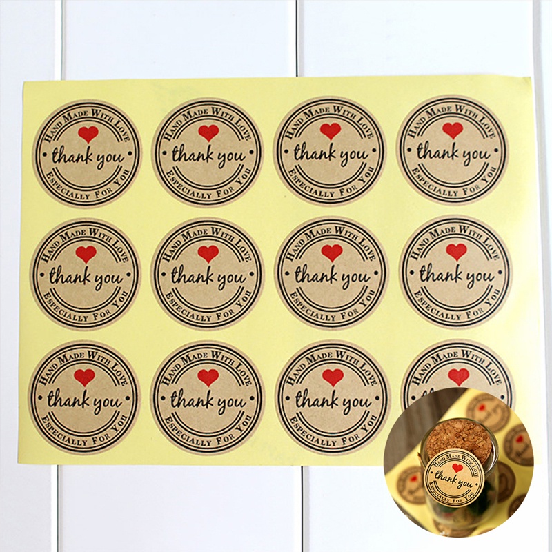 12 / 60 / 120pcs / set Stiker Label Kertas Kraft Tulisan Handmade with Love Thank You 38mm