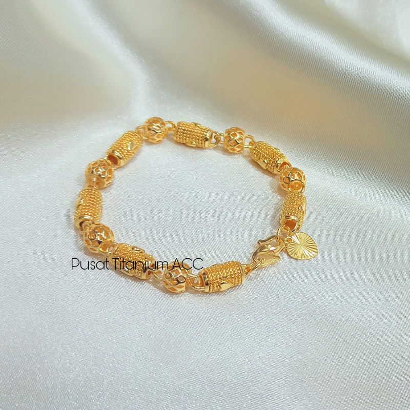 GELANG BAMBU TABUNG UKIR BOLA+CINCIN PERHIASAN LOGAM KOREA ANTI KARAT & ANTI LUNTUR 316-3