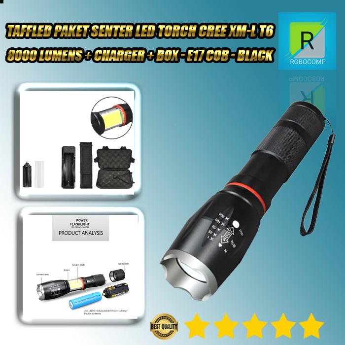 Paket Senter LED Torch Cree XM-L T6 8000 Lumens + Charger + Box TaffLED - E17 COB