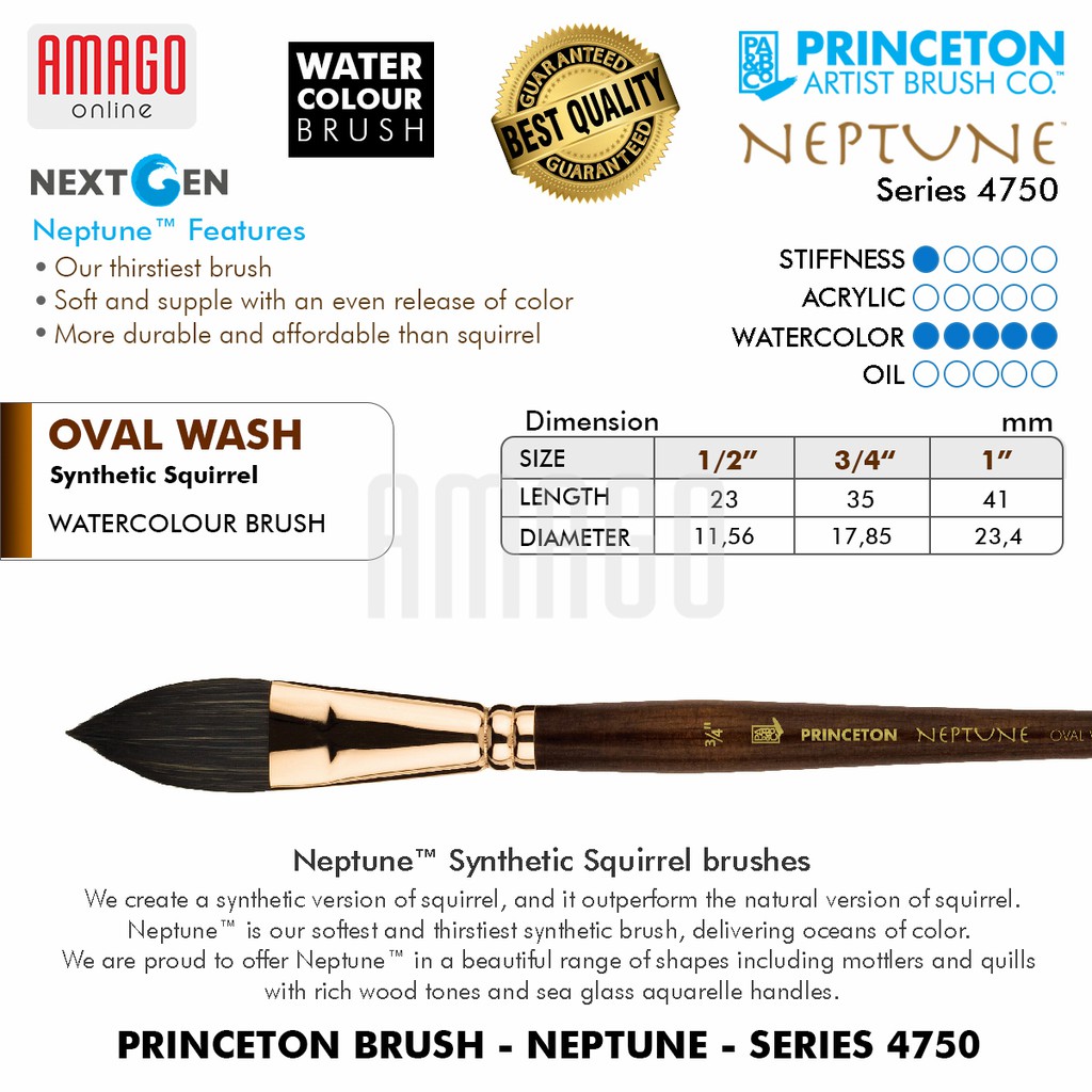 KUAS - PRINCETON NEPTUNE WATERCOLOUR BRUSH - OVAL WASH - PILIH UKURAN