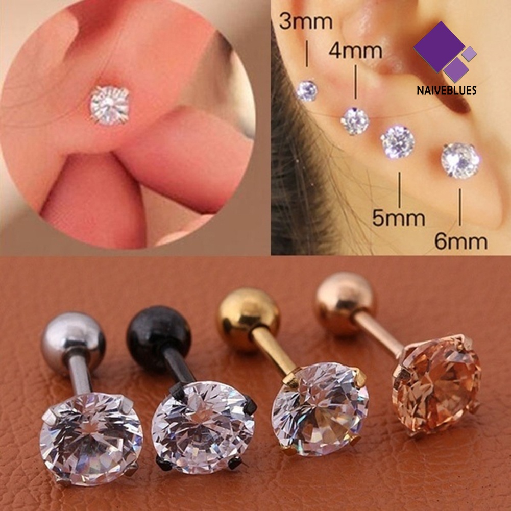 1pc Anting Stud Cubic Zirconia Bahan Titanium Untuk Unisex