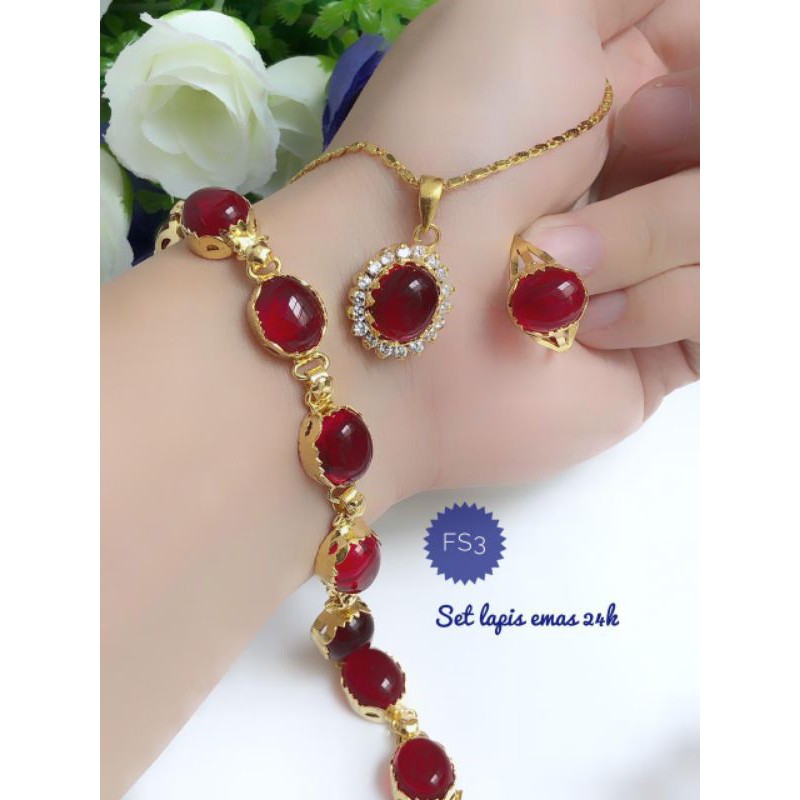 [Lapis emas 24 karat] set perhiasan giok batu merah 24 karat gelang full mata merah 200221