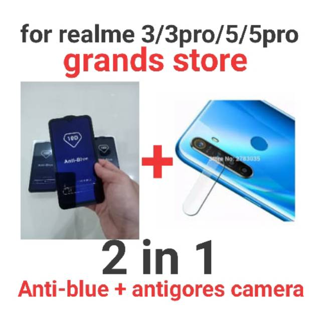 (2in 1)Tempered glass Antiblue full+Lensa camera realme C1/C2/C3/C11/C12/C15/3/3pro/5/5i/5s/5pro