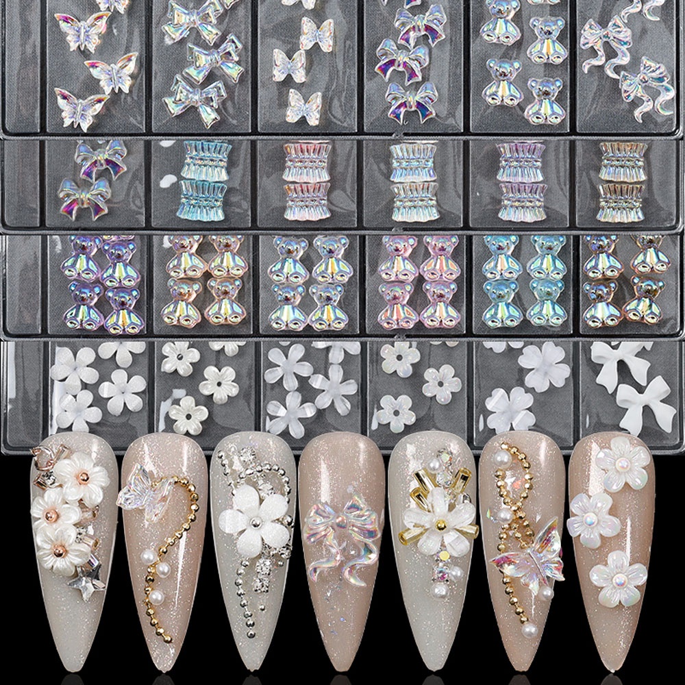 MXBEAUTY 48 Pcs/Set 3D Nail Decoration Various Nail Rhinestones Nail Art Bow Skirt Shape Candy Color Resin Laser Colorful Bow Ribbon DIY Manicure Accessories Nail Jewelry