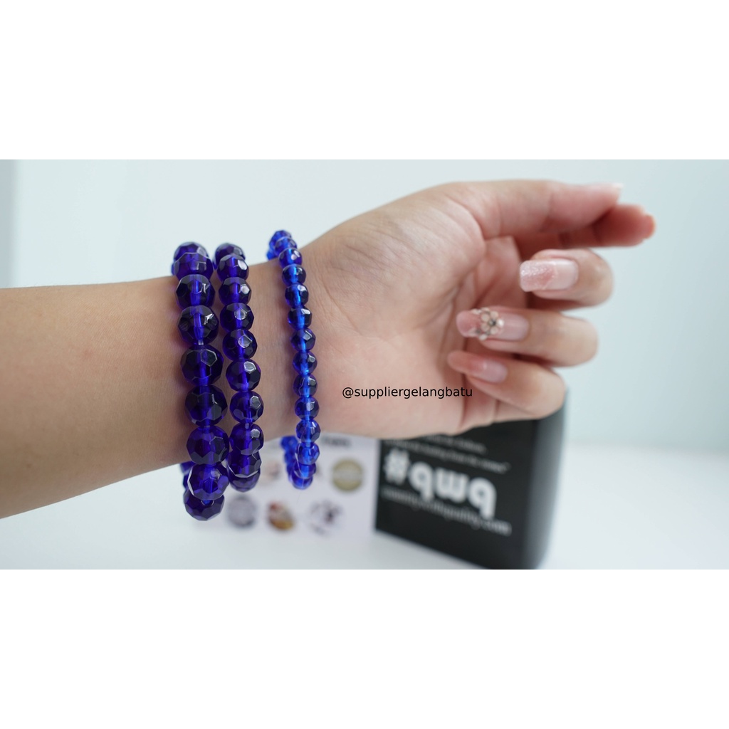 gelang kristal bola dunia blue quartz kuarsa biru tua kotak kado lux