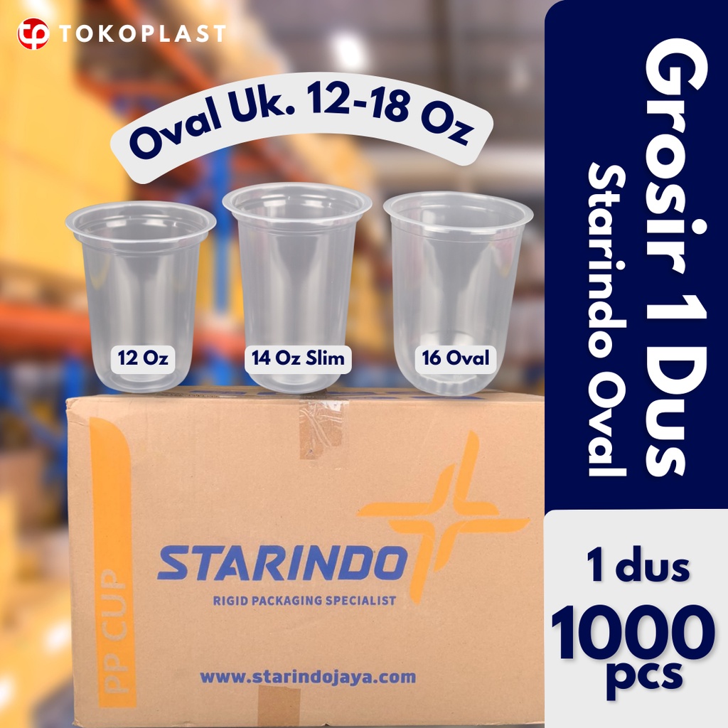 (1000 PCS/ 1 DUS ) CUP GELAS CUP PLASTIK U-SHAPE OVAL BOBA STARINDO 14 16 OZ OVAL TEBAL 8.5GR BISA D