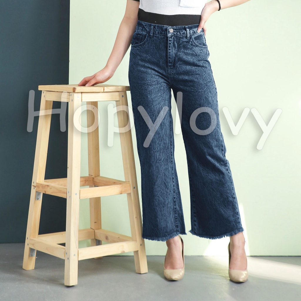 HOPYLOVY Celana Kulot Jeans Wanita Rawis Isvara Fringe | Celana High Waist Jeans Kulot | Celana Highwaist Kulot Jeans Wanita