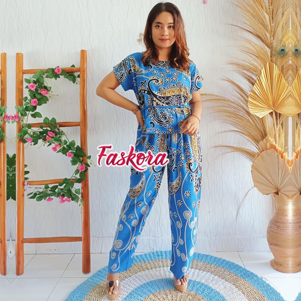 Piyama Rayon Jumbo Lengan Pendek One Set Wanita Kekinian Remaja Pajamas Polos Kombinasi Auristela-Jodha 1 Biru