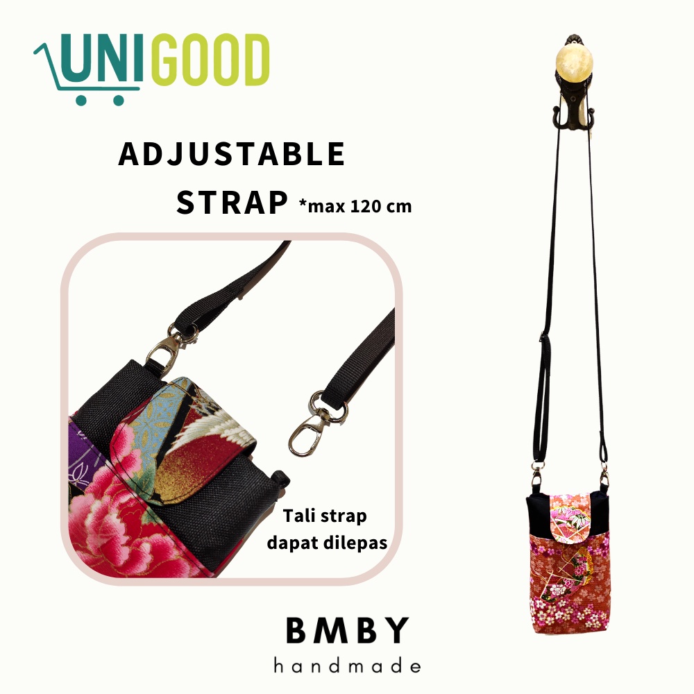 UNIGOOD X BMBY - Fabric Crossbody Phone Bag Handmade Japanese Cotton Handphone Purse Adjustable Strap Sling Bag Mini Tas HP Kain Jepang