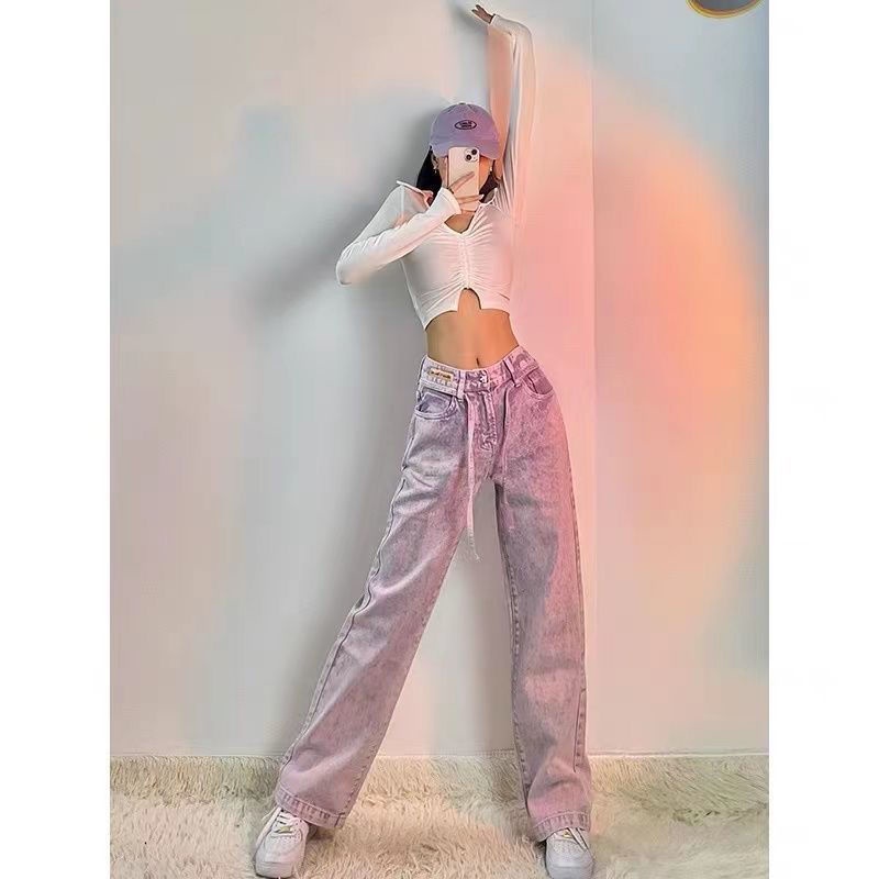 Celana Jeans Lurus Gaya Korea Pinggang Tinggi Wanita