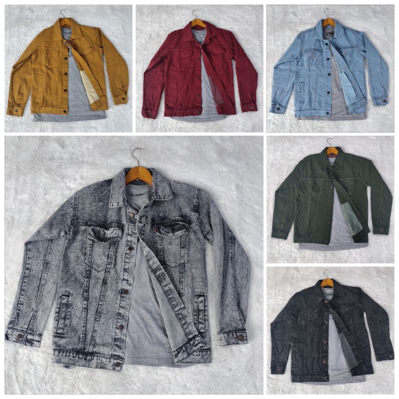 (COD) jaket jeans pria sanwash cowok maroon army black mustard  original terbaru full warna