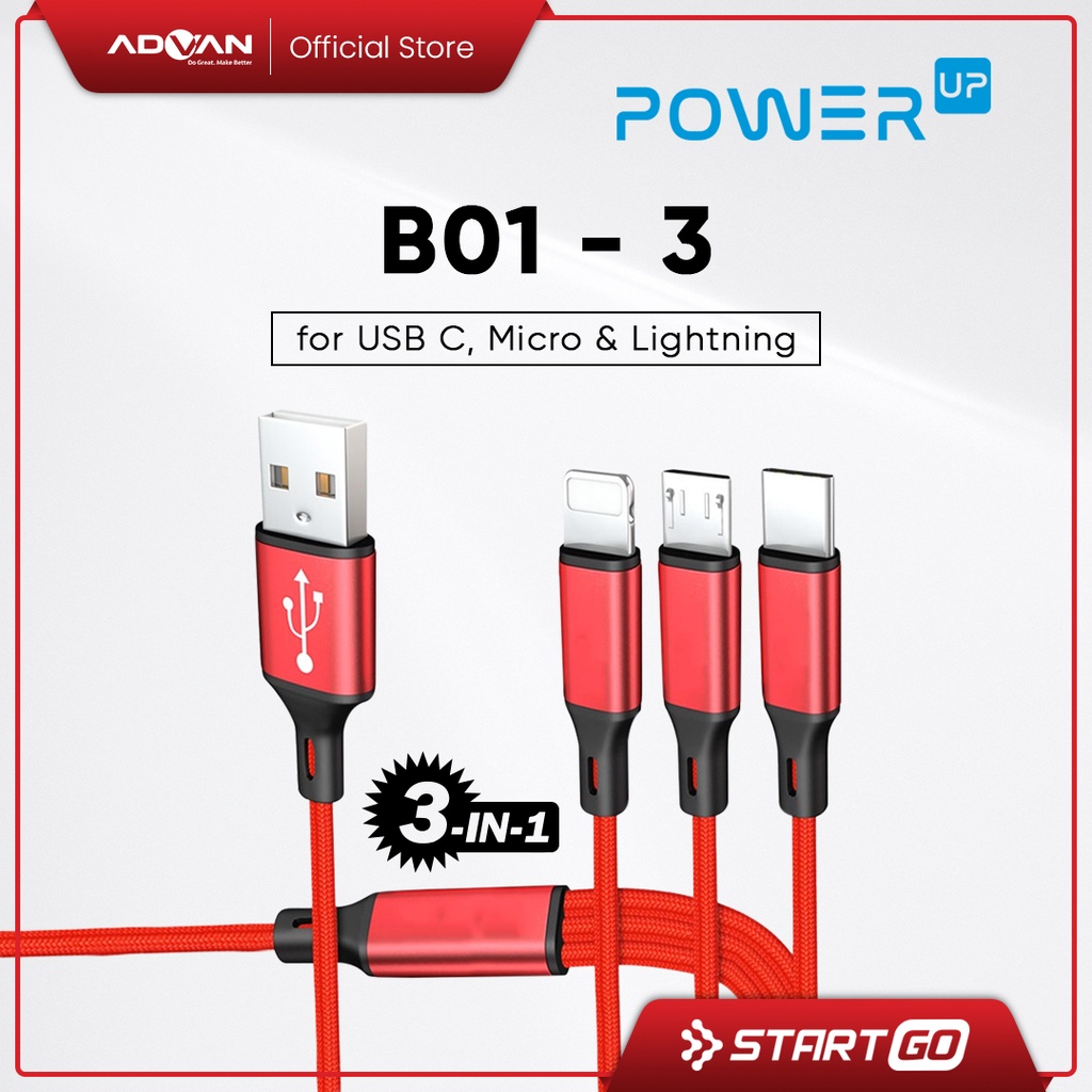 Advan StartGo B01-3 Kabel Data USB 3 in 1 Android dan iPhone Type C Lightning Micro Fast Charging 2.4A