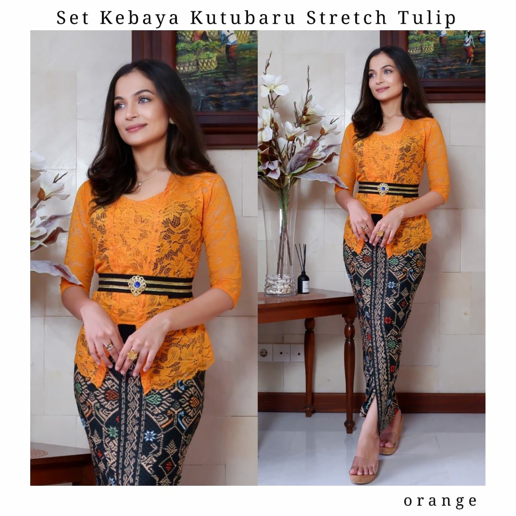 Setelan Baju Kebaya Brokat Stretch Tulip dan Rok Knit Full Stretch Desain Songket Bali Kebaya Bali M