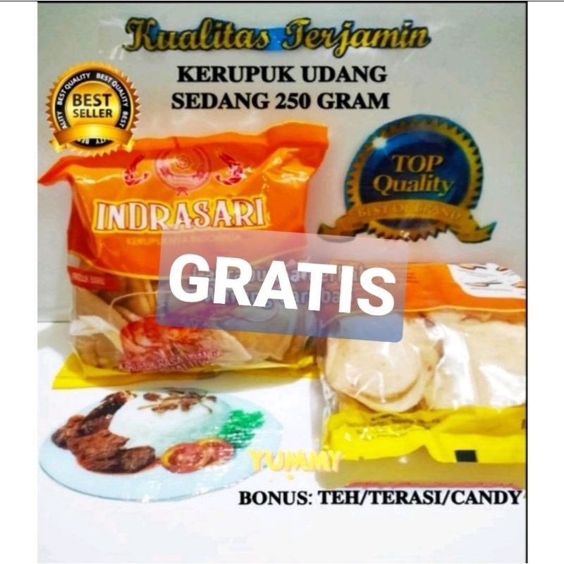 

KERUPUK UDANG SEDANG 250 GR INDRASARI BONUS TEH/ TERASI ENAK KHAS CIREBON ENAK GURIH