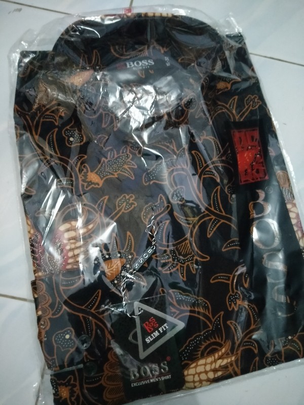 Kemeja Batik Pria Boss Panjang Slim Fit Motif Elang Premium Navy Hitam