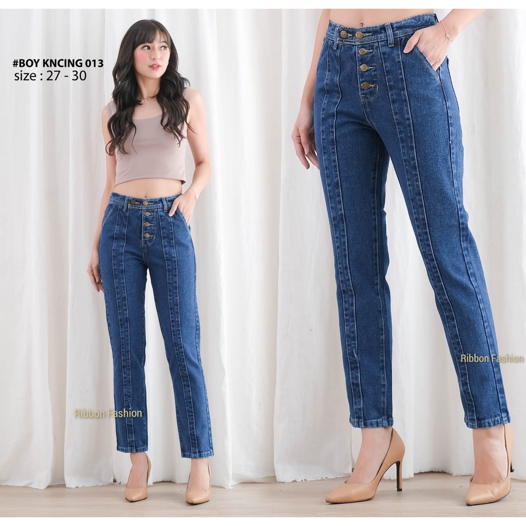 Ribbon fashion - RF CELANA JEANS BOYFRIEND PANJANG KANCING LIMA WARNA BIRU SEDANG WANITA / BOYFREND 