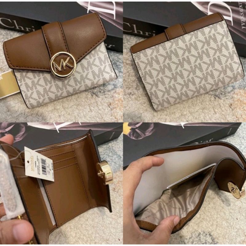 Michael kors MK Carmen Medium Flap Bifold Wallet sign vanilla brown blush  (size 12x8.5 cm)
