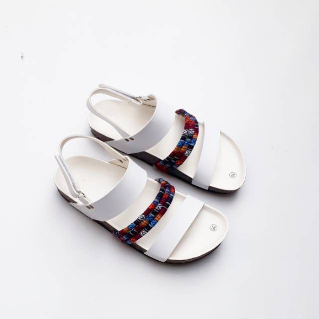 SB ~ SANDAL BIRKEN WANITA TALI TENUN PUTIH ETNIC