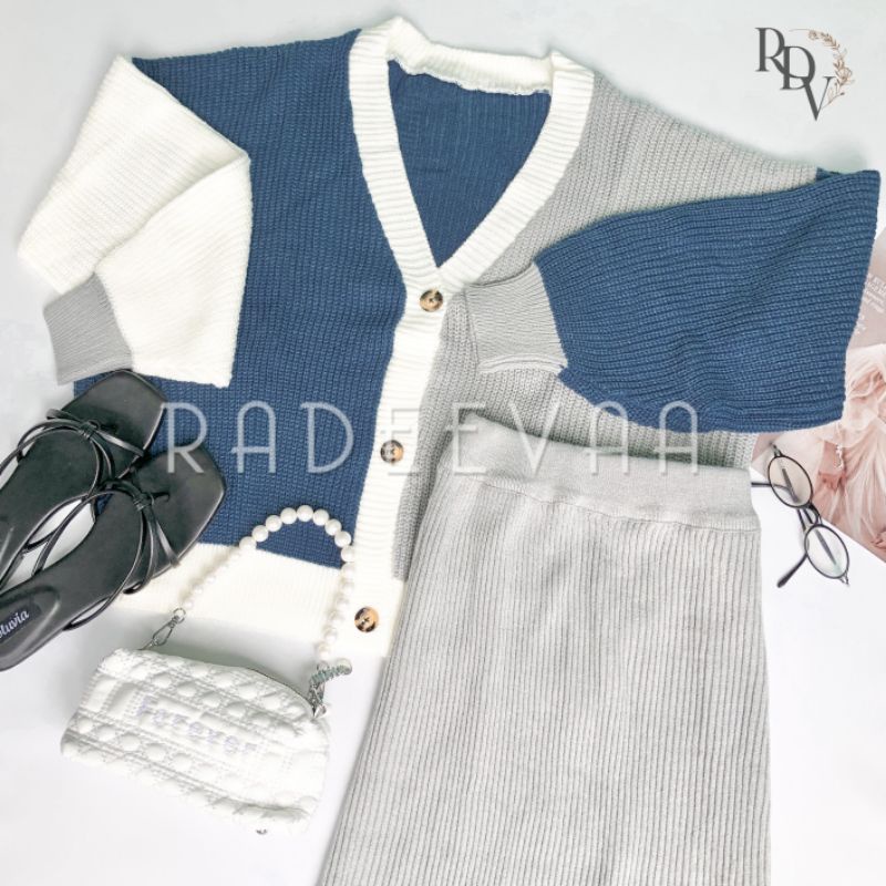 ONE SET RAJUT KNIT CARDIGAN THREE TONE ROK SPAN KNITTED PREMIUM KOREAN