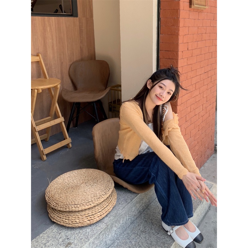 Red Atmosfer musim semi mengikat sling top + kelopak tepi cinta disulam sunblock merajut cardigan