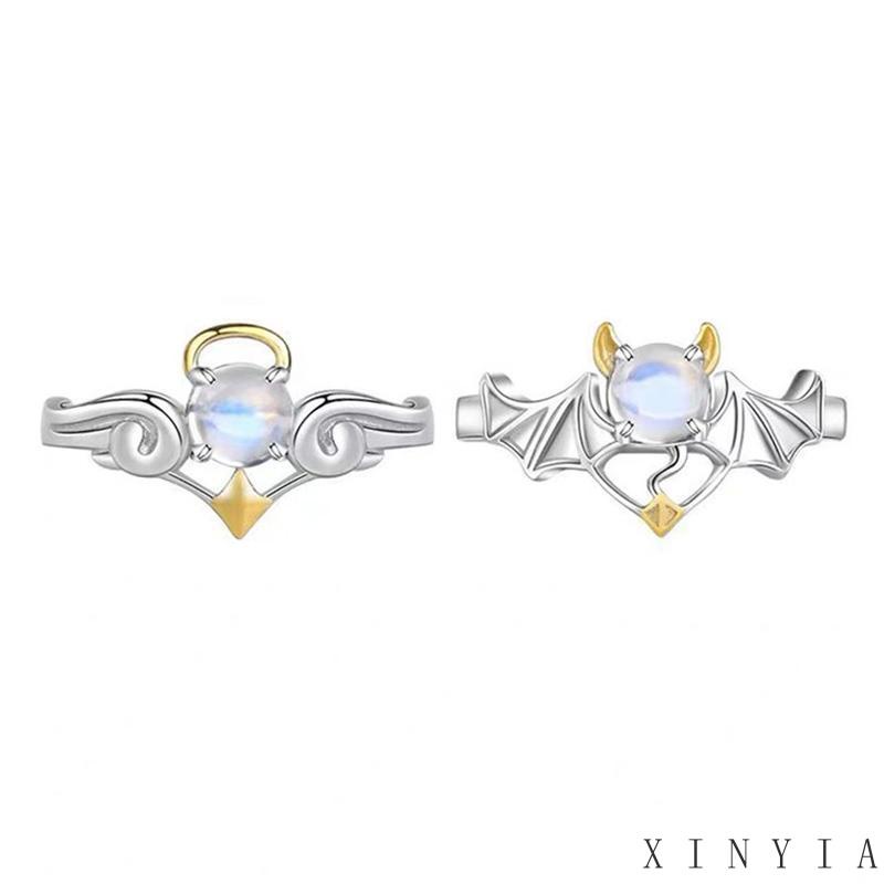 【Bayar di tempat】Cincin Bentuk Oval Geometris Angel Demon Aksen Batu Bulan Biru Untuk Wanita