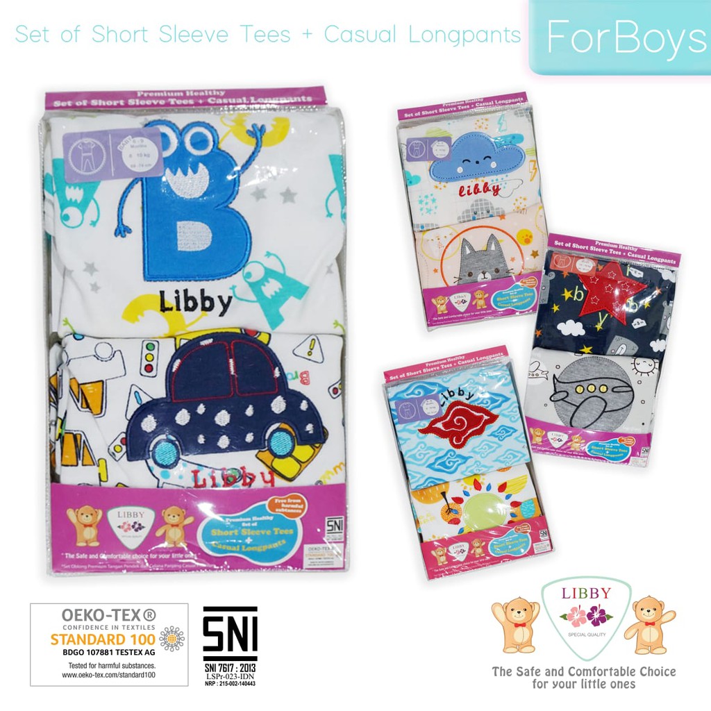 PROMO 3.3 1 pasang SETELAN BAJU PENDEK CELANA PANJANG SETELAN ShortSleeves Tees Casual Longpants Libby 6-24 bulan SNI