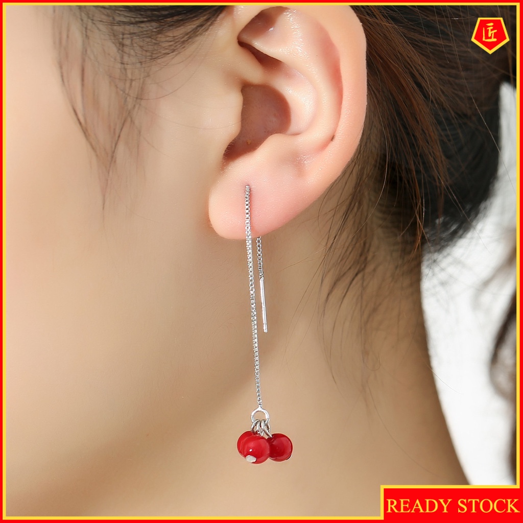 [Ready Stock]Temperamental Sweet Tassel Red Bean Stud Earrings for Women