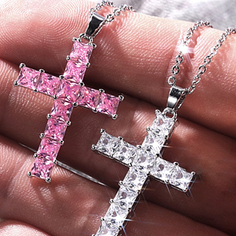 Kalung Salib Inlaid Cubic Zirconia Warna Putih Pink Serbaguna Untuk Wanita