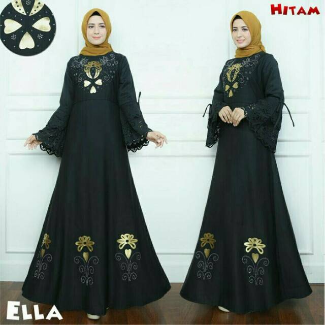 Gamis Ella Busana Muslim Lebaran Wanita Motif Bunga Warna Hitam