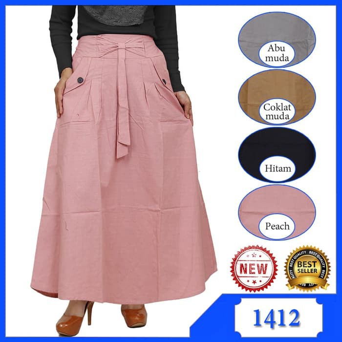 Rok Panjang Wanita Rok payung Katun Cigaret Rok maxi Skirt - Merah Muda