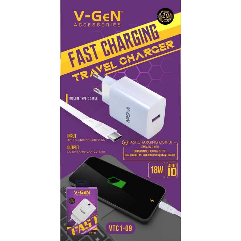 [COD] TRAVEL CHARGER ORIGINAL V-GEN 1 USB PORT FAST CHARGING 3.0A