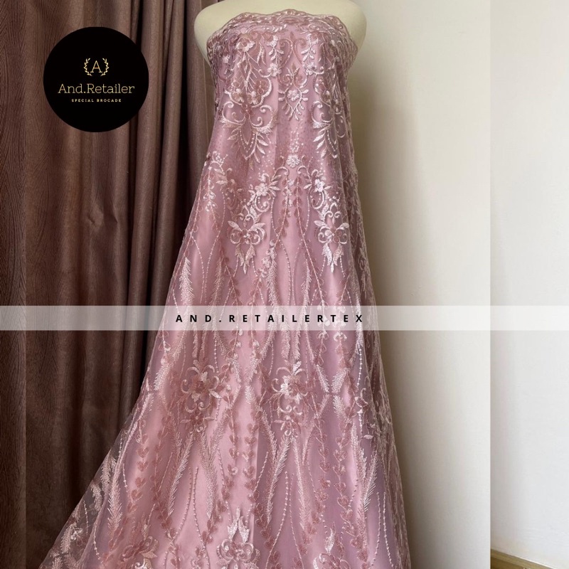 Bahan Kebaya Brokat Tulle Payet Gloria Exclusive Warna Rose Gold