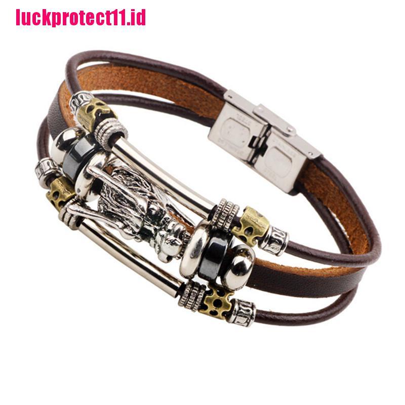 (LUCK) Gelang Tangan Kulit Banyak Lapis Aksen Naga Parataxis Tibet Warna Silver Untuk Pria