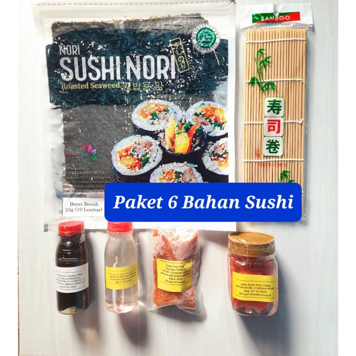 paket 6 bahan sushi nori rumput laut cuka shoyu kecap asin makisu jahe tobiko soy sauce