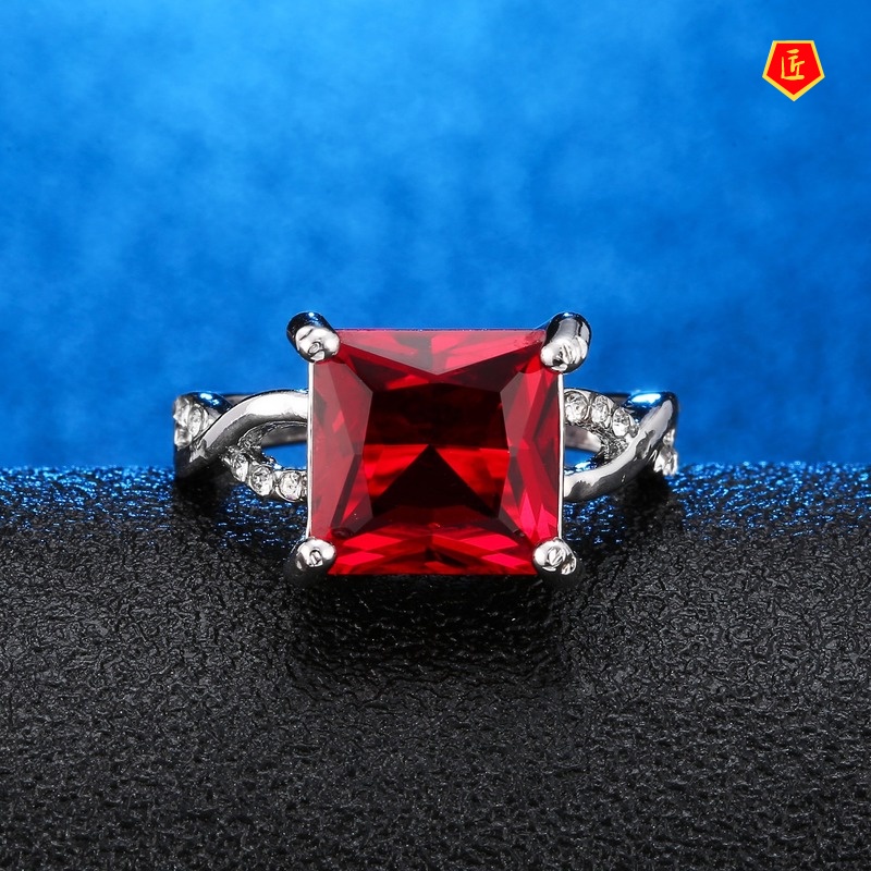 [Ready Stock]Square Diamond Ruby Ring Simple Elegant