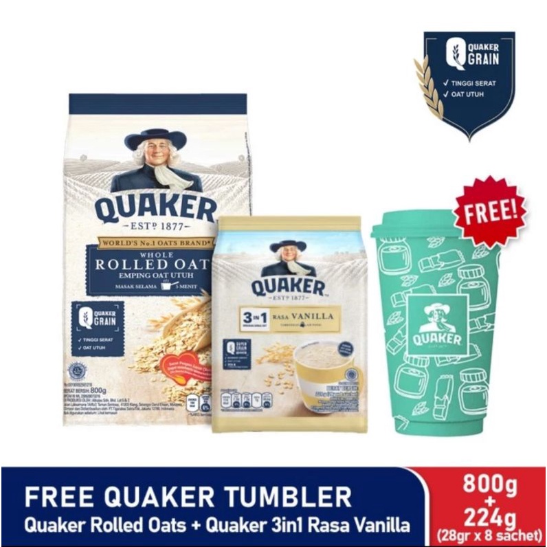 

Quaker Rolled Oats 800 Gr + 3in1 Vanilla 224 Gr Free Tumbler