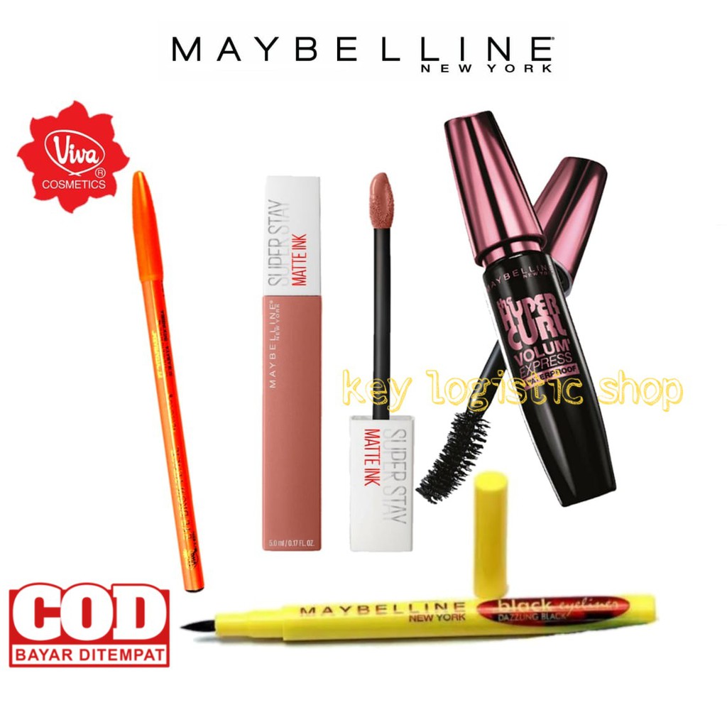 Paket Hemat Make Up Set 4in1 Maskara Hypercurl + Pensil Alis + Lipcream + Eyeliner Spidol Maybeline