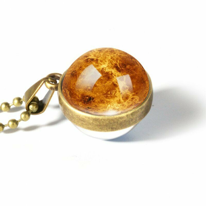 Kalung Rantai Dengan Liontin Bola Kaca Motif Planet Galaksi Dua Sisi