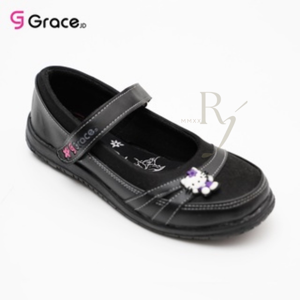 GRACE [HK 01] Sepatu Sekolah Anak Cewek Perempuan Hitam/ Sepatu Anak Cewek/ Sepatu Tali Perekat