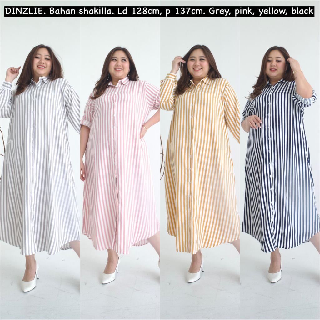 DINZLIESHOP LONGDRESS LONG DRESS LONG TUNIK KEMEJA PANJANG BAHAN SHAKILLA MOTIF SALUR GARIS JUMBO BI