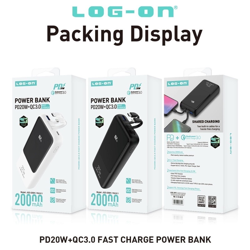 Powerbank Log on HULK 1 JGO-200H LCD PD 20W + QC 3.0 Fast Charger Kapasitas 20.000MAH
