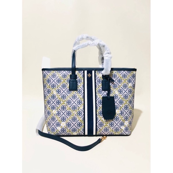 Tory Burch T Monogram Canvas Small Tote Bag Floral Navy Monogram Vine