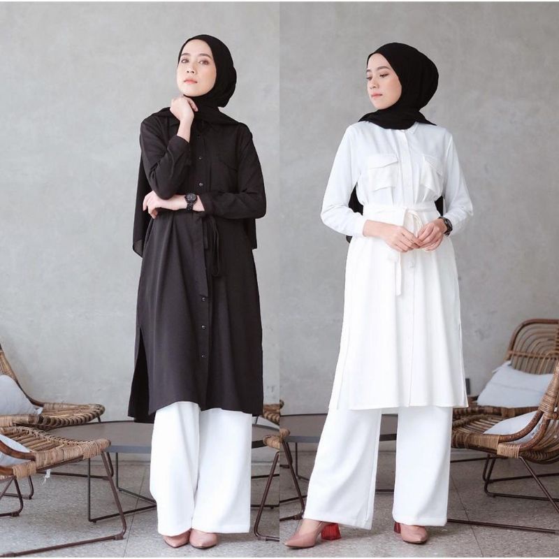 Baju Long Dress Kemeja Tunik Wanita Muslim Jumbo Terbaru Kekinian Polos Saku Tali Pinggang