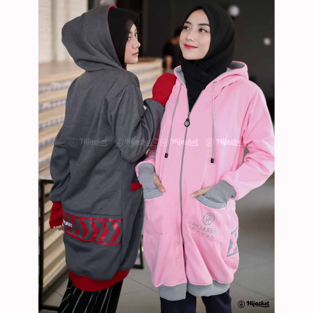 Jaket Jacket Hoodie Panjang Muslimah Wanita Cewek Jeket Hijaber Kekinian Abu Tua Pink Hijacket YK-2