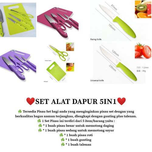 Set Pisau Dapur Talenan Gunting Murah Pisau Set Talenan 5in1